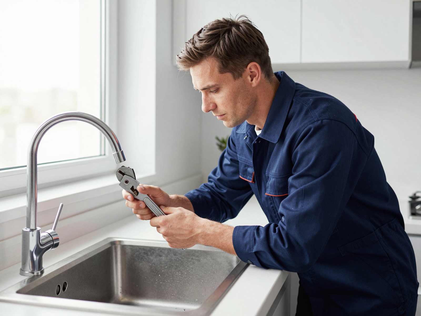Plumber repairing kitchen faucet