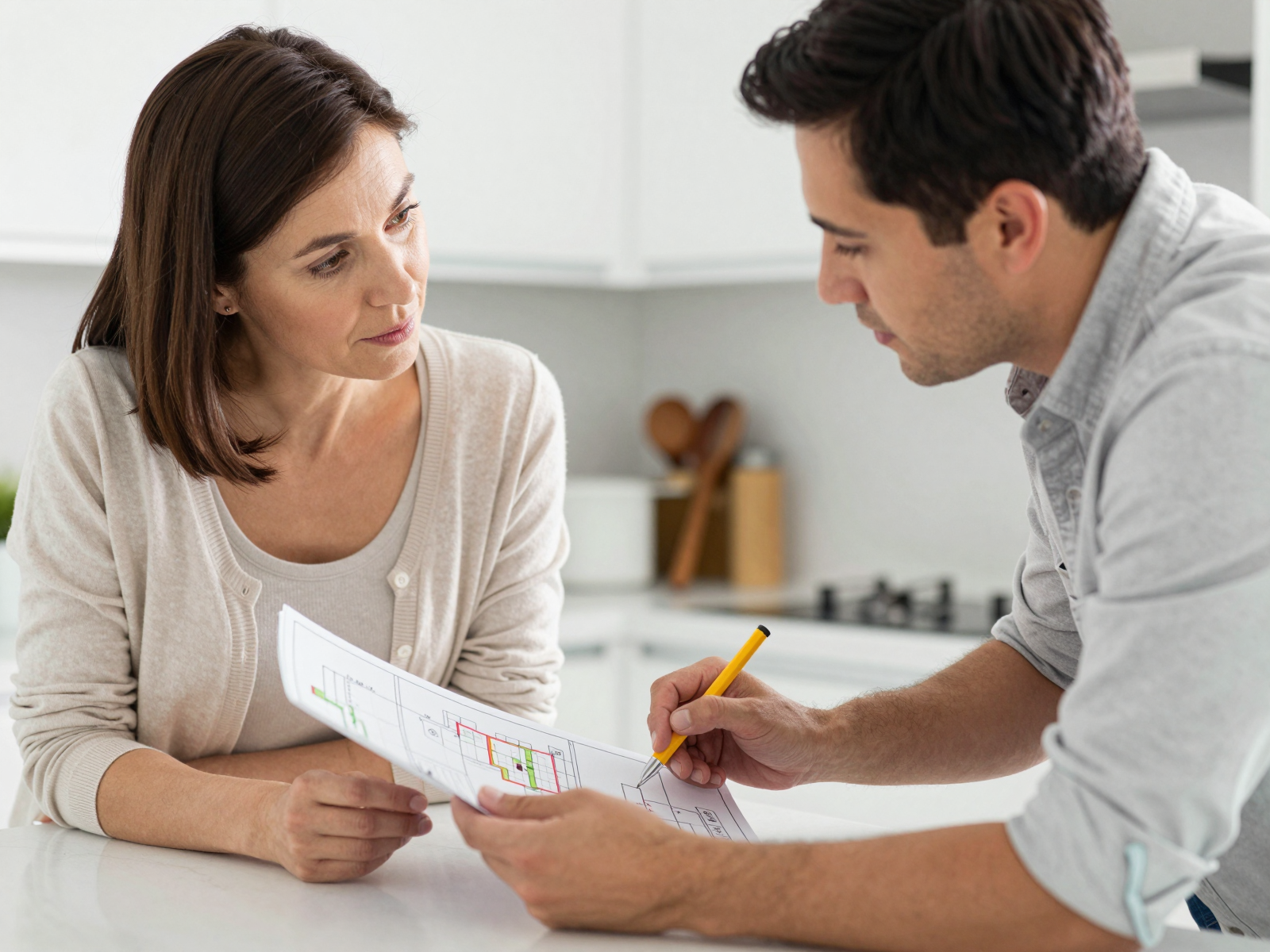 Plumber consulting with homeowner